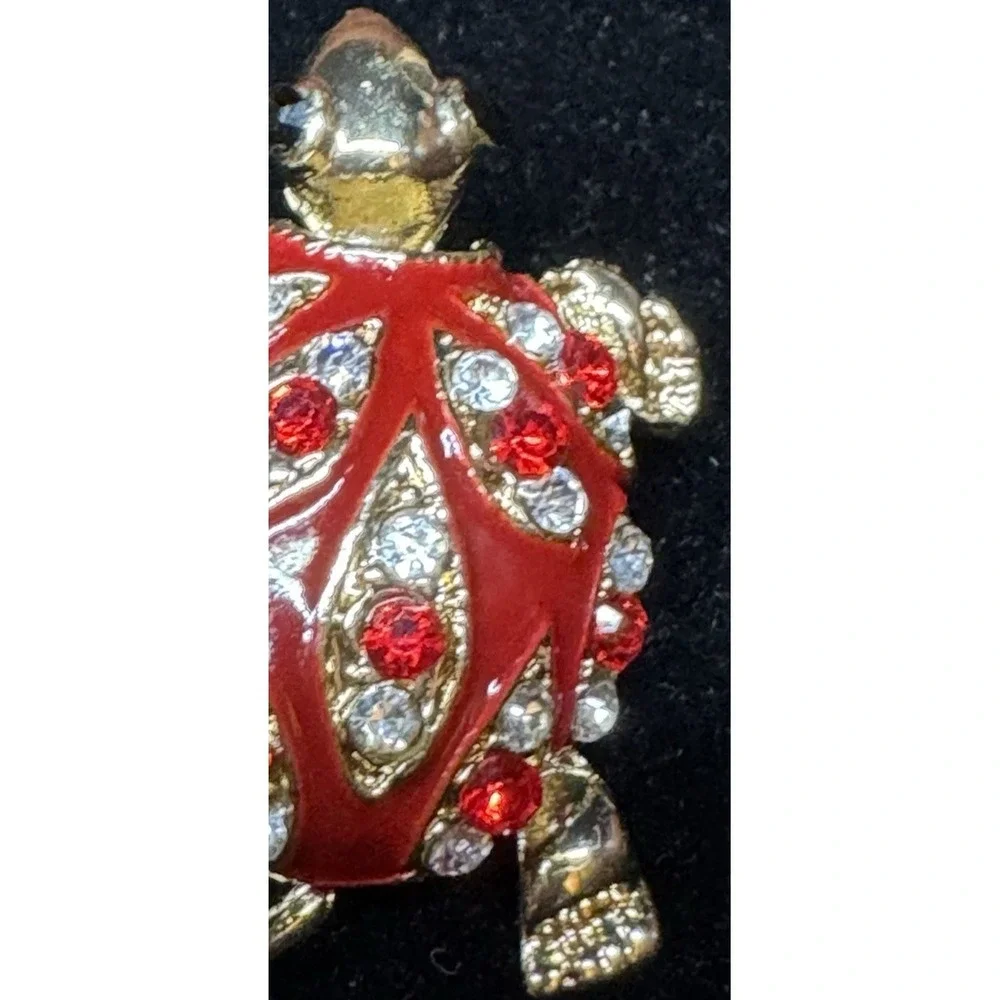 Vintage Turtle Brooch Red Enamel Rhinestone Gold Tone Figural Turtle Pin Costume